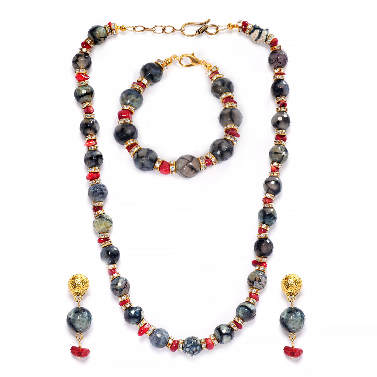 Eykaa Agate With Coral  Necklace With Earrings And A Bracelet On A White Background.