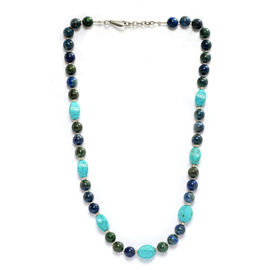 Azurite, firoza and silver beads with diamond charms semi precious stone Eykaa brand necklace  displayed on white background