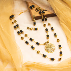 EYKAA GOLDEN CHAIN WITH BLACK ONYX TUBE AND GOLDEN PENDANT DOUBLE LAYERED NECKLACE WITH GOLDEN CHANCE AND EARRINGS