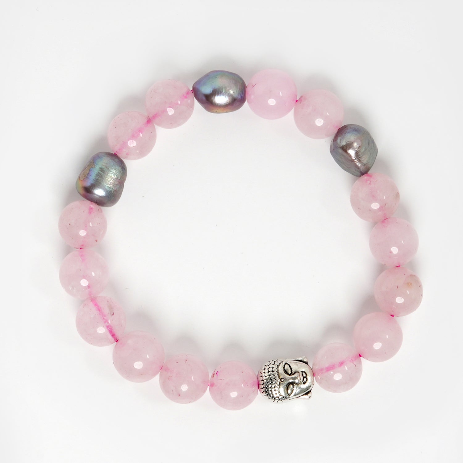 Eykaa Rose Quartz, Jade, And Freshwater Pearl Bracelet On A White Background.