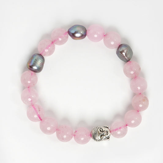Eykaa Rose Quartz, Jade, And Freshwater Pearl Bracelet On A White Background.