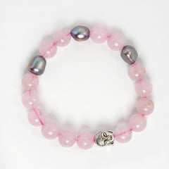 Eykaa Rose Quartz, Jade, And Freshwater Pearl Bracelet On A White Background.