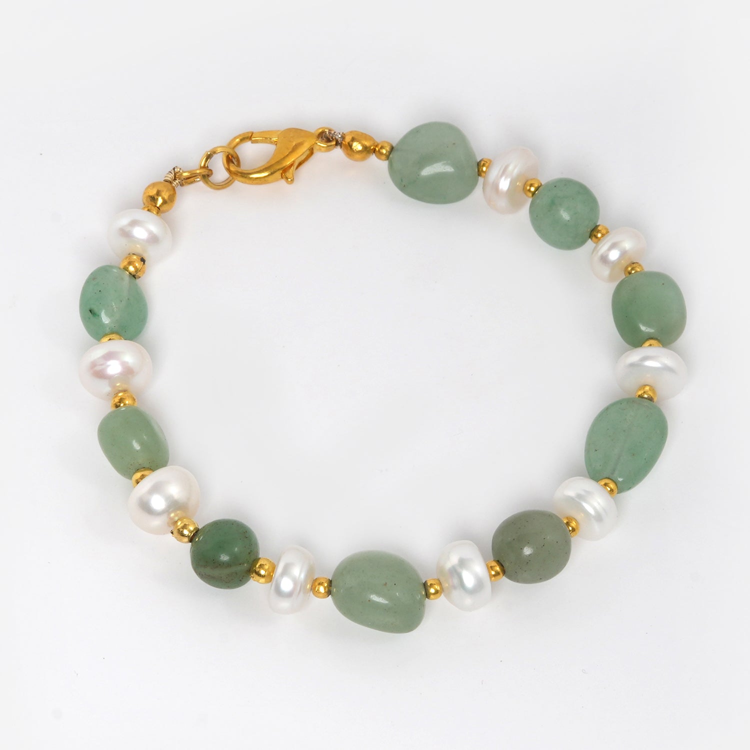 Eykaa Green Aventurine With Freshwater Pearl, Silver Strawberry Quartz, And Shell Pearl Bracelet On A White Background.