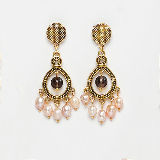 Eykaa Elegance Calm: Smokey Quartz & Freshwater Pearl Earrings