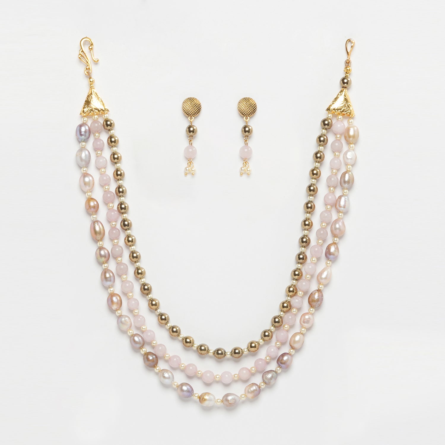 Eykaa Layered Hematite, Rose Quartz, Freshwater Pearl, And Shell Pearl Necklace With Earrings On A White Background. 
Eykaa
stone jewellery
womens jewellery
earing for women
bracelet for women
necklace for women
jewellery stores