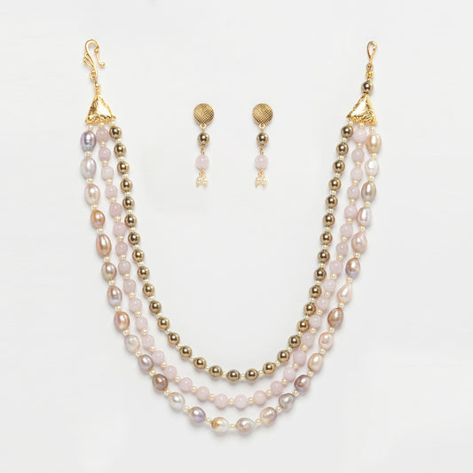 Eykaa Layered Hematite, Rose Quartz, Freshwater Pearl, And Shell Pearl Necklace With Earrings On A White Background. 
Eykaa
stone jewellery
womens jewellery
earing for women
bracelet for women
necklace for women
jewellery stores