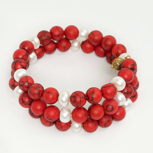 Eykaa Red Howlite And Freshwater Pearl Bracelet On A White Background.