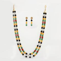 Eykaa Black Onyx, Red Jasper, Green Jade And Yellow Jade With Korean Pearl Ball Necklace On A White Background.