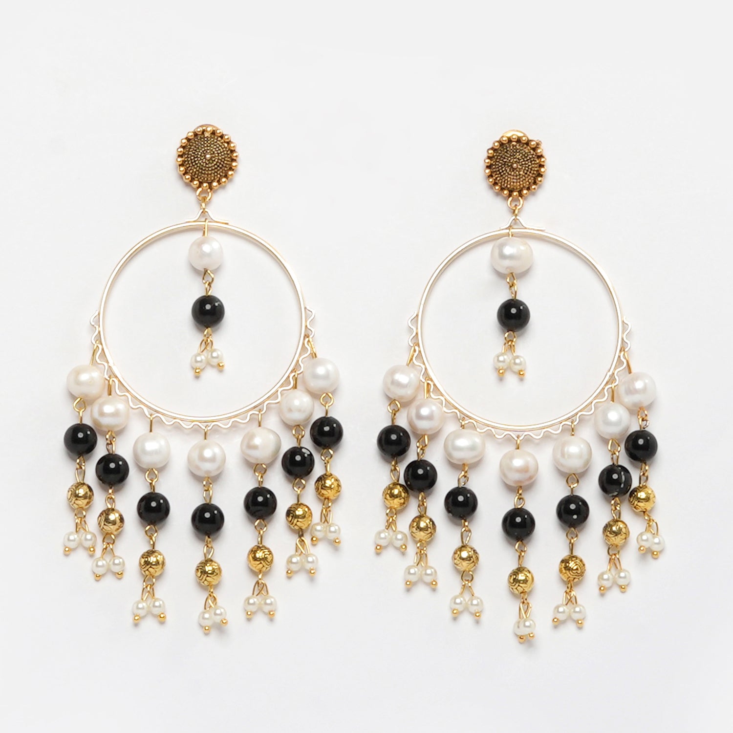 Eykaa Black Jasper With Freshwater Pearl And Shell Pearl Earrings On A White Background.