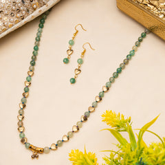 EYKAA GREEN AVENTURINE, GOLDEN HEMATITE, GOLDEN CHARMS AND SHELL PEARL NECKLACE WITH EARRINGS