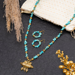 Eykaa Glorious Waves: Uncut Firoza & Golden Pendant Necklace With earrings