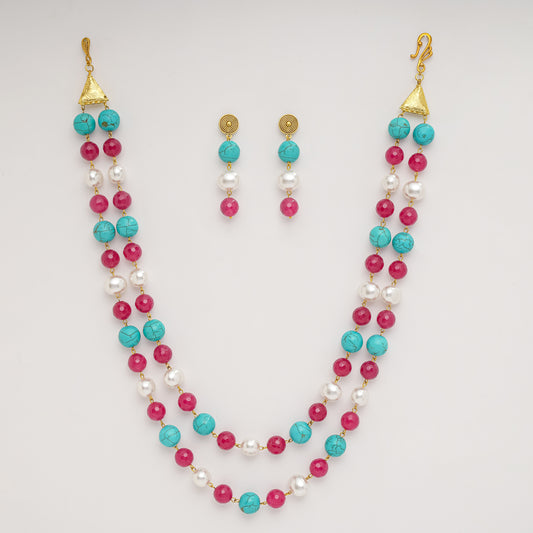 Eykaa Elegance Essence: Firoza, Maroon Jade & Korean Pearl Necklace with Earrings Set