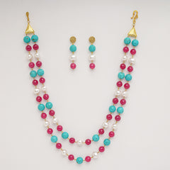 Eykaa Elegance Essence: Firoza, Maroon Jade & Korean Pearl Necklace with Earrings Set
