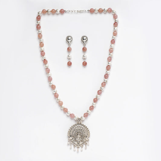 Eykaa Glorious Shine: Strawberry Quartz & Silver Lava Necklace With Earrings