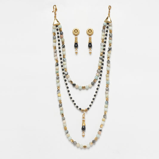 Eykaa Amazonite, Black Onyx And Shell Pearl Layered Necklace With Earrings