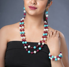 Girl Model Wearing Eykaa Firoza And Maroon Jade With Korean Pearl Ball Layered Necklace With Earrings And A Bracelet.
Eykaa
stone jewellery
womens jewellery
earing for women
bracelet for women
necklace for women
jewellery stores