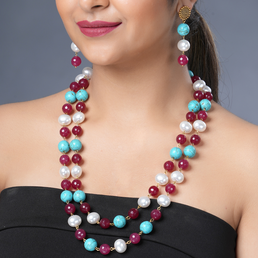 Girl Model Wearing Eykaa Firoza And Maroon Jade Korean Pearl Ball Necklace With Earrings.
Eykaa
stone jewellery
womens jewellery
earing for women
bracelet for women
necklace for women
jewellery stores