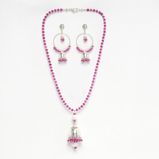 DARK PINK FACETED JADE 4 MM WITH FRESH WATER PEARL PENDANT AND SILVER BEADS BALI PATTERN EARRINGS