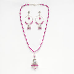 DARK PINK FACETED JADE 4 MM WITH FRESH WATER PEARL PENDANT AND SILVER BEADS BALI PATTERN EARRINGS