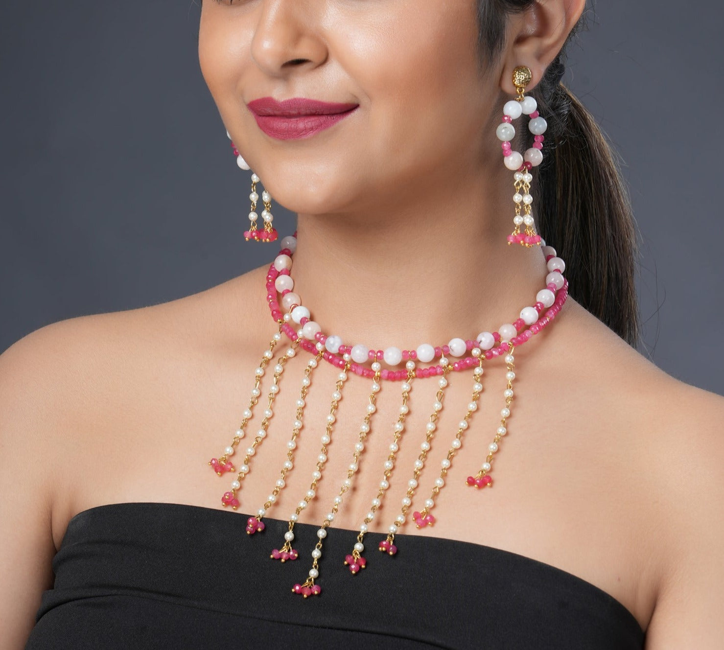 Girl Model Wearing Eykaa Morganite With Jade And Shell Pearl Necklace With Earrings.
Eykaa
stone jewellery
womens jewellery
earing for women
bracelet for women
necklace for women
jewellery stores