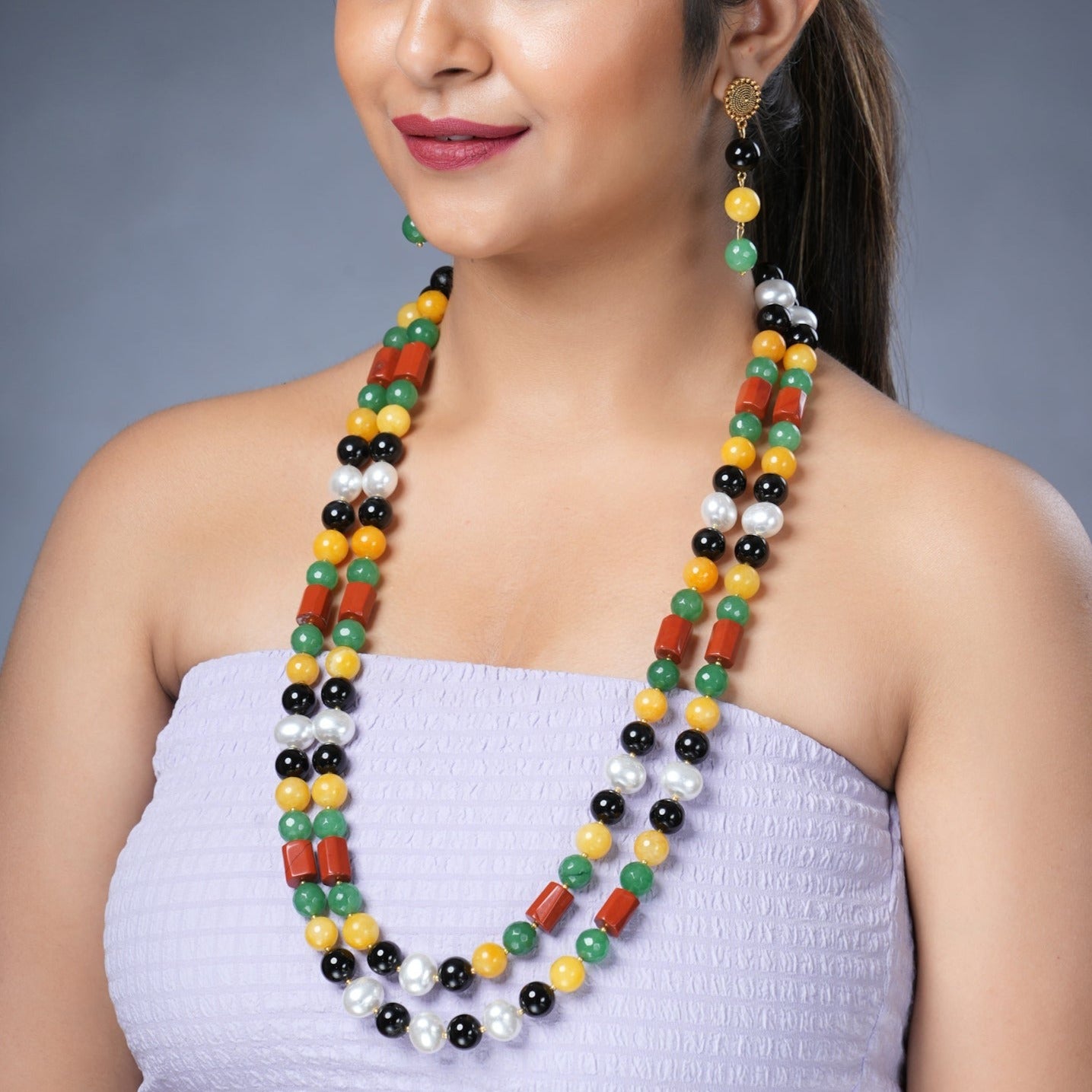 Girl Model Wearing Eykaa Black Onyx, Red Jasper, Green Jade And Yellow Jade With Korean Pearl Ball Necklace With Earrings.