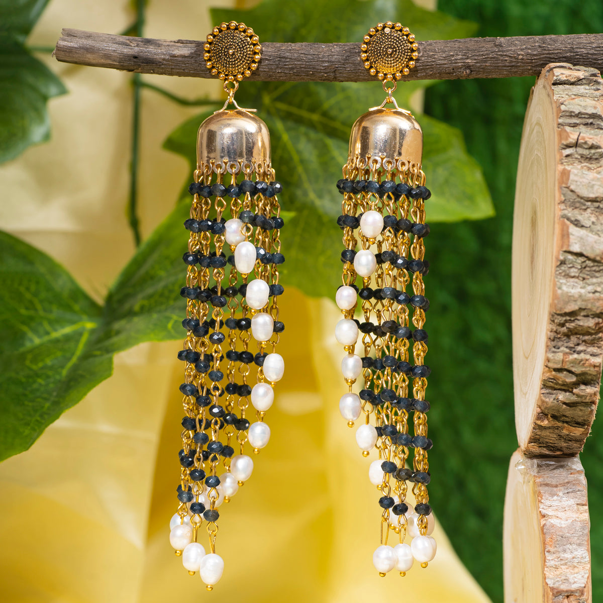 Eykaa Grey Faceted Jade And Fresh Water Pearl Earrings Hanging On The Tree Branch.