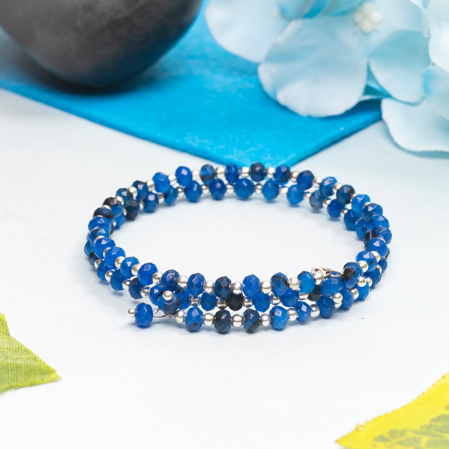DARK BLUE FACETED JADE 4 MM WITH FRESH WATER PEARL BRACELET
