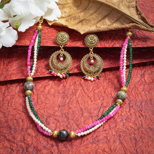 Eykaa Jade With Agate And Shell Pearl Necklace With Earrings On A Textured Red Background With White Flowers.