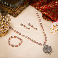 Eykaa Glorious Shine: Strawberry Quartz & Silver Lava Necklace With Earrings