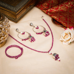 DARK PINK FACETED JADE 4 MM WITH FRESH WATER PEARL PENDANT AND SILVER BEADS BALI PATTERN EARRINGS