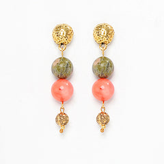 EYKAA CORAL, UNAKITE AND GOLDEN BEADS EARRINGS
