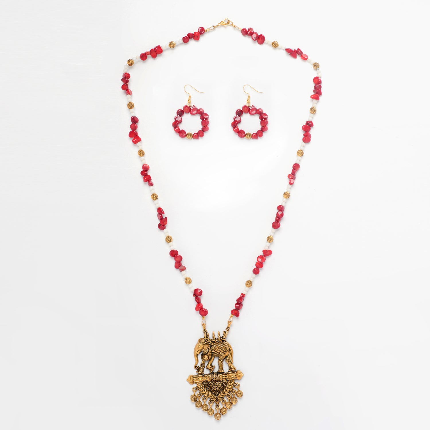 Eykaa White And Red Coral Necklace With Golden Beads  Pendant And  Earrings On A White Background.