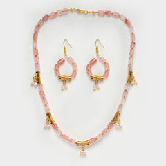 Eykaa cherry quartz with golden charms and shell pearls semi precious stone necklace and earrings on a white background.