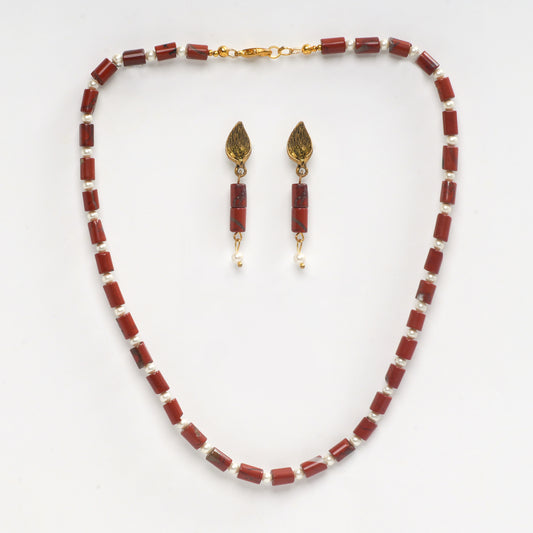 Eykaa Elegance Earth: Red Jasper & Shell Pearl Necklace with Earrings Set
