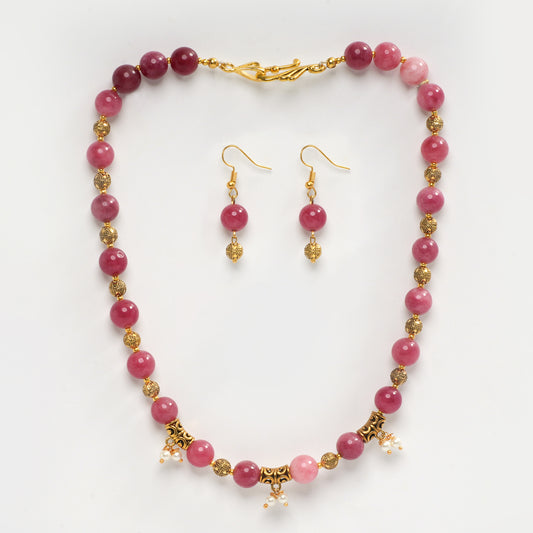 Eykaa Illuminate Allure: Pink Jade & Shell Pearl Necklace With Earrings