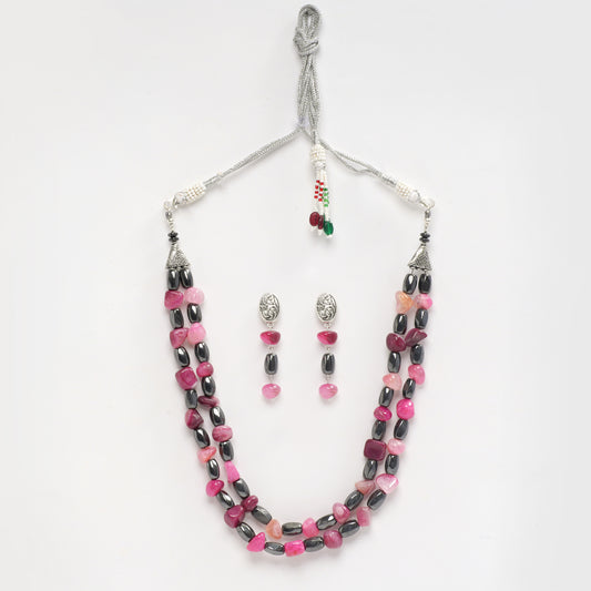 Eykaa Glorious Tranquil Beauty: Pink Agate & Hematite Necklace With Earrings