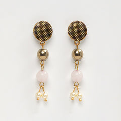 Eykaa Layered Hematite, Rose Quartz, Freshwater Pearl, And Shell Pearl Earrings On A White Background.