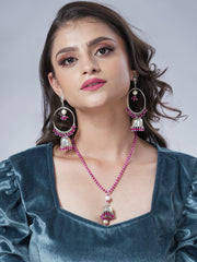 Eykaa Glorious Glamour: Dark Pink Jade & Freshwater Pearl Necklace With Earrings