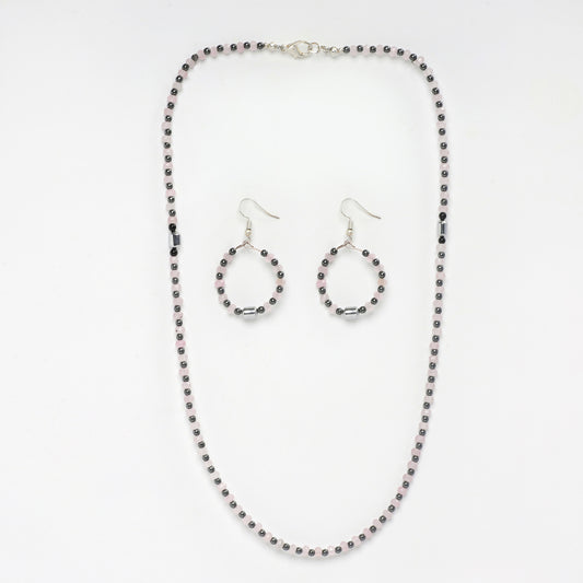 EYKAA HEMATITE WITH LIGHT PINK JADE 3 MM NECKLACE WITH EARRINGS 20 INCH LENGTH
