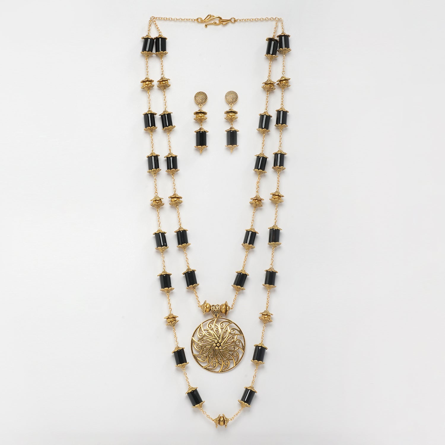 EYKAA GOLDEN CHAIN WITH BLACK ONYX TUBE AND GOLDEN PENDANT DOUBLE LAYERED NECKLACE WITH GOLDEN CHANCE AND EARRINGS
