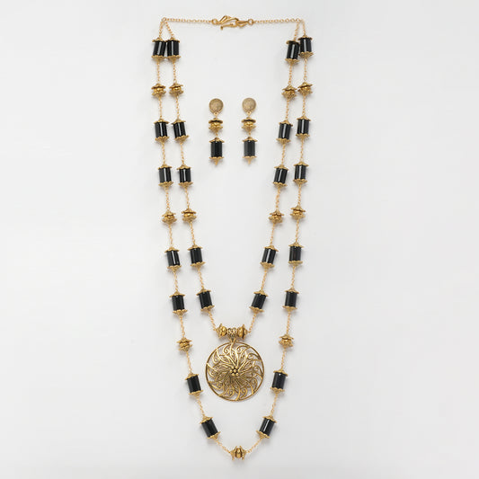 EYKAA GOLDEN CHAIN WITH BLACK ONYX TUBE AND GOLDEN PENDANT DOUBLE LAYERED NECKLACE WITH GOLDEN CHANCE AND EARRINGS