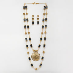 EYKAA GOLDEN CHAIN WITH BLACK ONYX TUBE AND GOLDEN PENDANT DOUBLE LAYERED NECKLACE WITH GOLDEN CHANCE AND EARRINGS