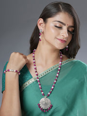 Eykaa Glorious Sphere: Maroon & Pink Jade  Necklace With Earrings