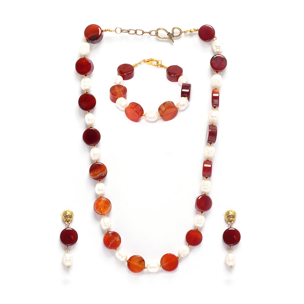 Eykaa Carnelian And Freshwater Pearl Necklace With Earrings And A Bracelet  On A White Background.
Eykaa
stone jewellery
womens jewellery
earing for women
bracelet for women
necklace for women
jewellery stores