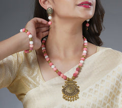 Eykaa Marble, Real Coral And Bamboo Coral Necklace With Earrings