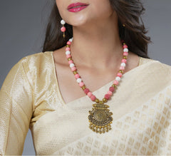 Eykaa Marble, Real Coral And Bamboo Coral Necklace With Earrings