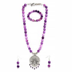 EYKAA PURPLE JADE AND SILVER PENDENT NECKLACE WITH EARRINGS