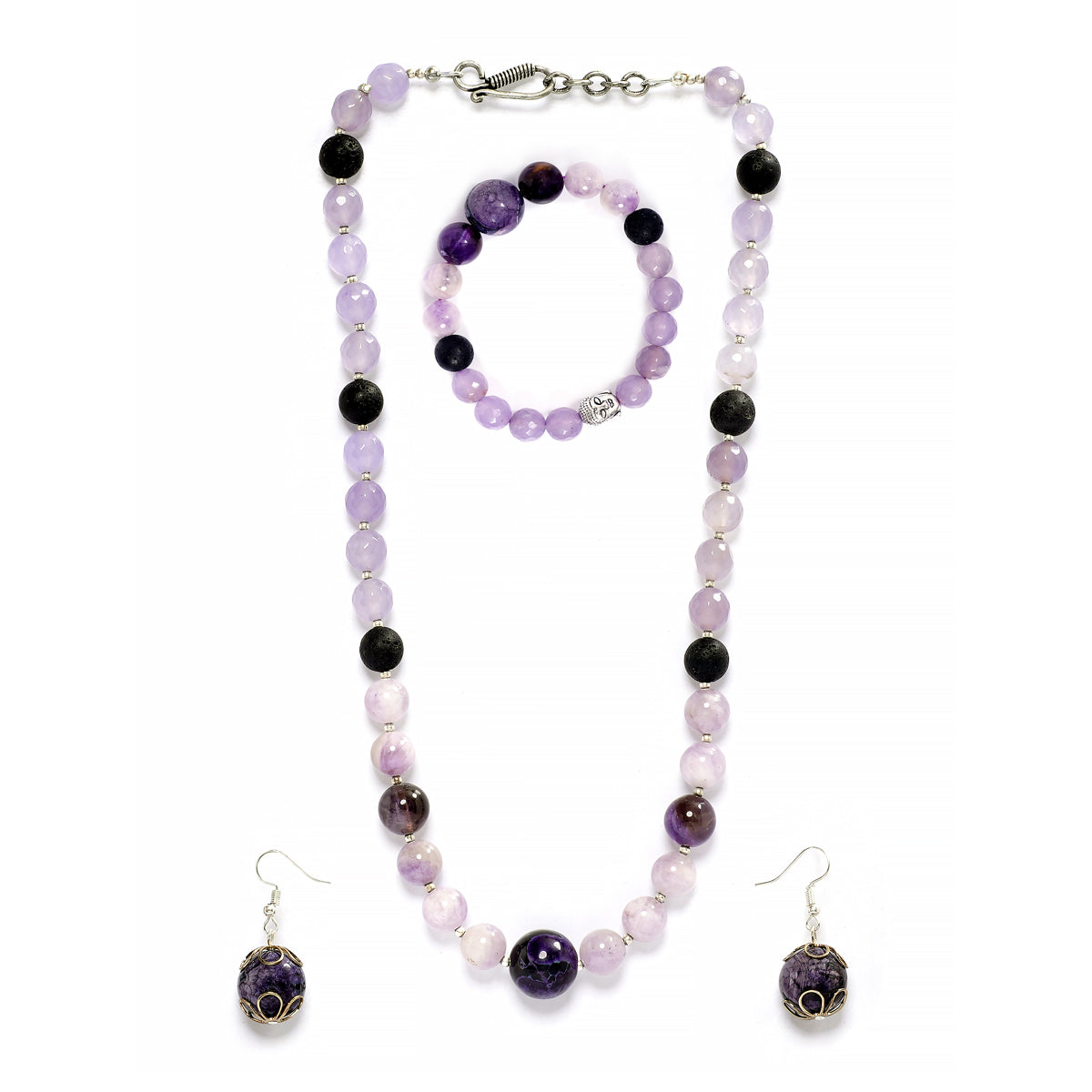 Eykaa jade with kunzite and amethyst semi precious stone necklace, earrings and bracelet on white background.