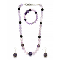 Eykaa jade with kunzite and amethyst semi precious stone necklace, earrings and bracelet on white background.