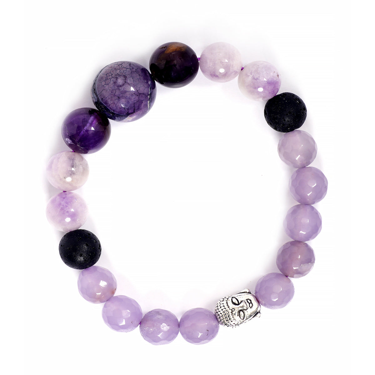 Eykaa faceted jade with kunzite and amethyst semi precious stone with silver beads bracelet on white background.